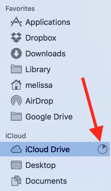 The Pie Chart Icon shows file upload progress for iCloud Drive