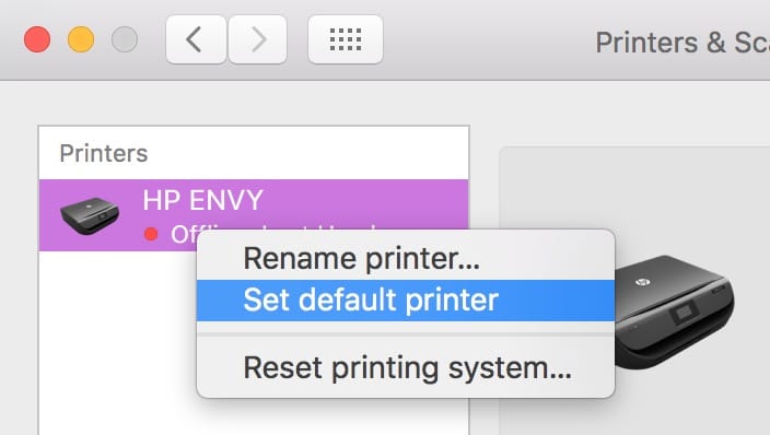 Control-click or Right-click on a printer in the Printers list in Printers & Scanners System Preferences to set a default printer in macOS