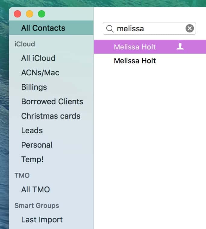 Finding Multiple Cards for a person in Apple's Contacts app