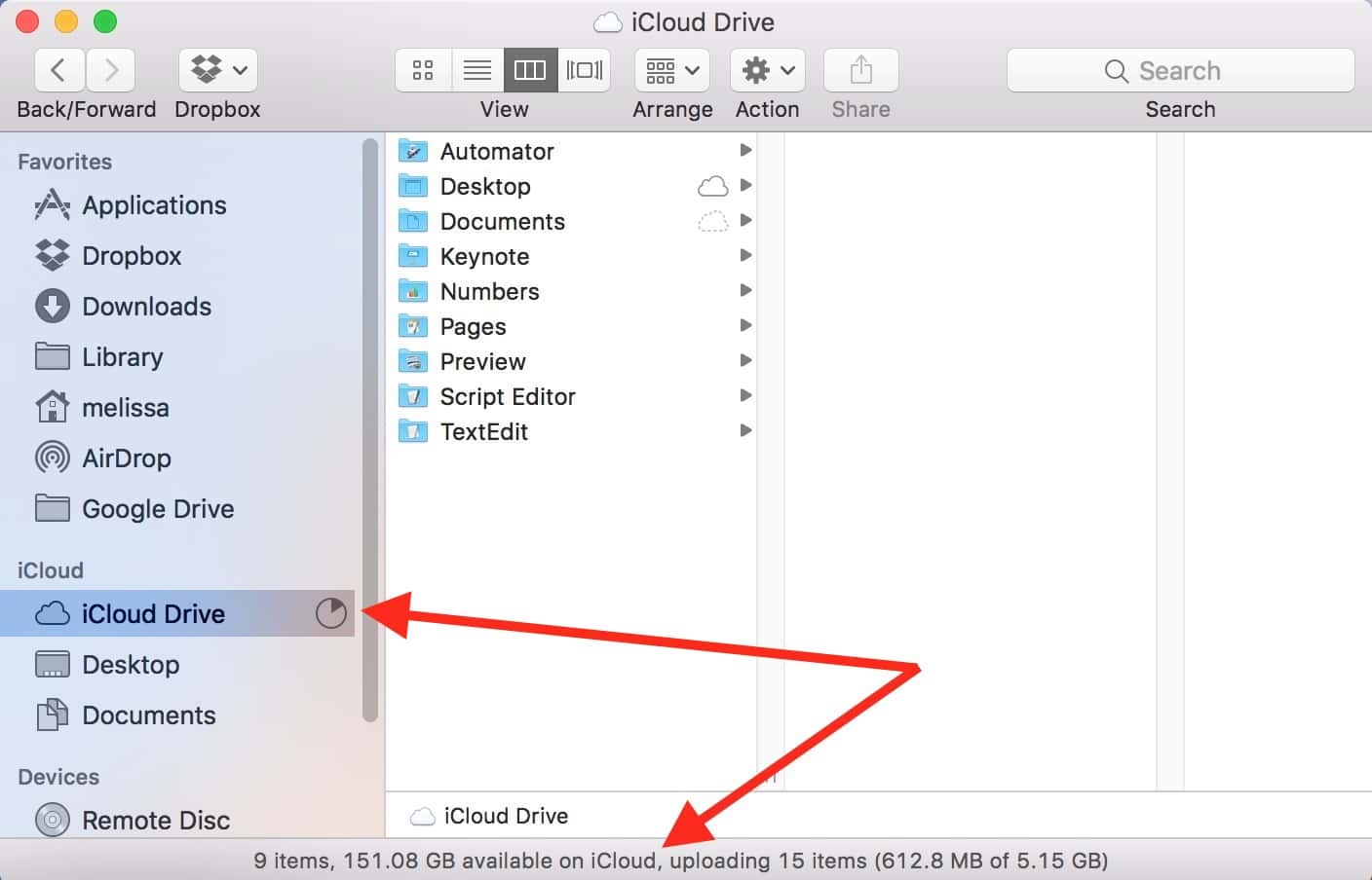 Finder window Status Bar showing detailed information about iCloud Drive file upload progress