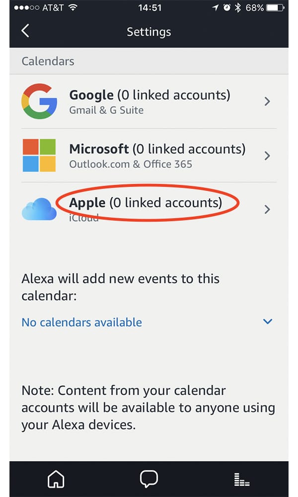 Use the Apple option in Alexa's Calendar Settings to link your Apple ID and iCloud account to Alexa