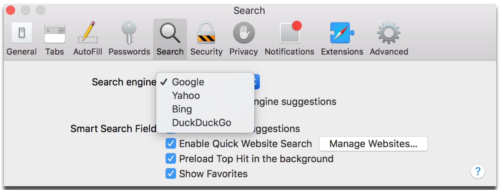Changing your default search engine in Safari to use this Spotlight command.