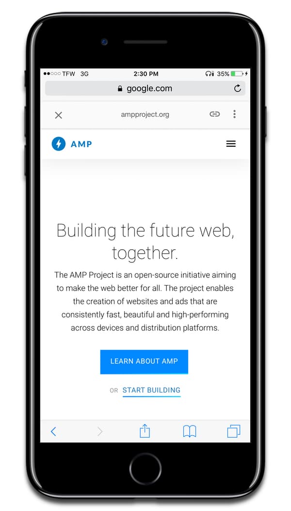 Screenshot of Google AMP website. Scrolling in Safari will be modeled after AMP.