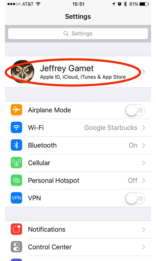 Apple ID settings in iOS include iCloud and two-factor authentication settings