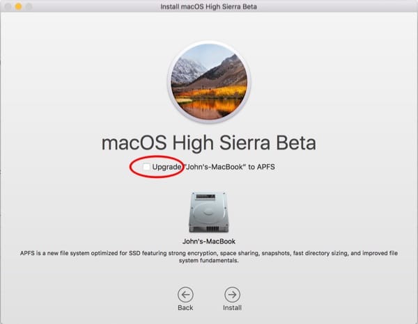 High Sierra (Beta) installer showing the APFS upgrade option