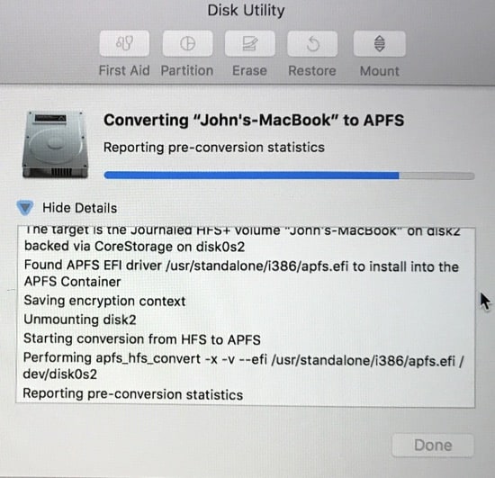 APFS conversion progress on MacBook SSD