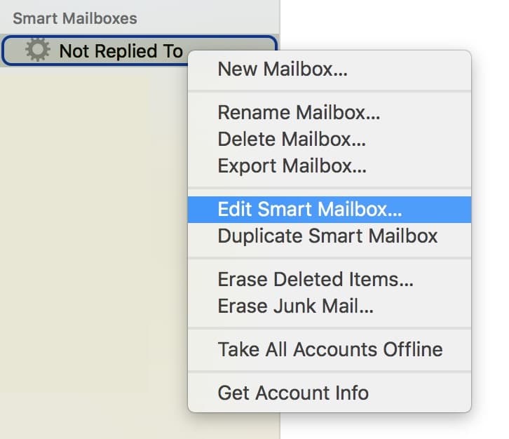 Right-click Smart Mailboxes in Mail to see the Edit Contextual Menu