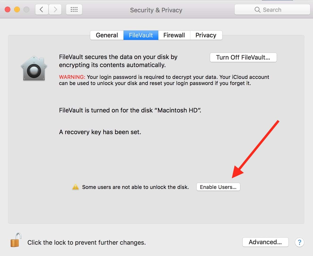 FileVault's Enable Users Button for allowing all administrator accounts to unlock your encrypted Mac drive