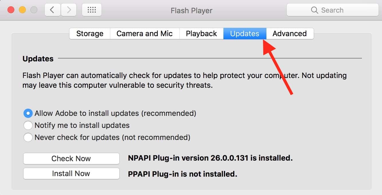 The Flash settings Updates Tab shows which version is installed