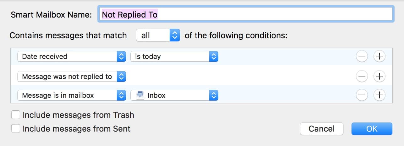 Adding more criteria to the Smart Mailbox filter helps limit where it searches for messages without replies