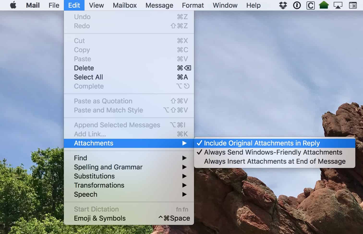 The Mail Edit Menu lets you include attachments in replies as a default