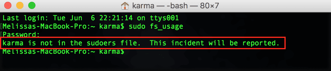 Terminal Window with Warning showing non-admin users can't use sudo commands