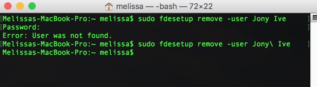 Remove User in Terminal using the sudo fdesetup command