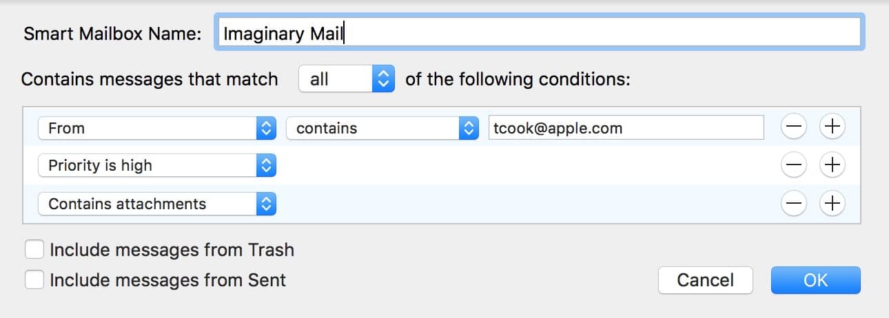 Add search criteria to the Smart Mailbox to control which email messages it shows