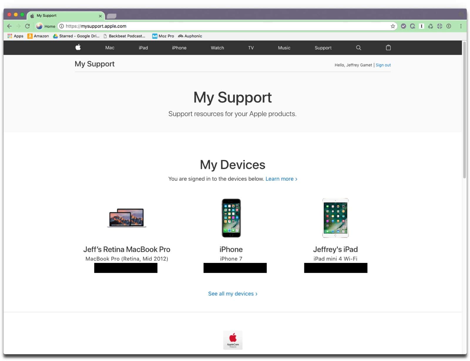 Screenshot of Apple's My Support page. 