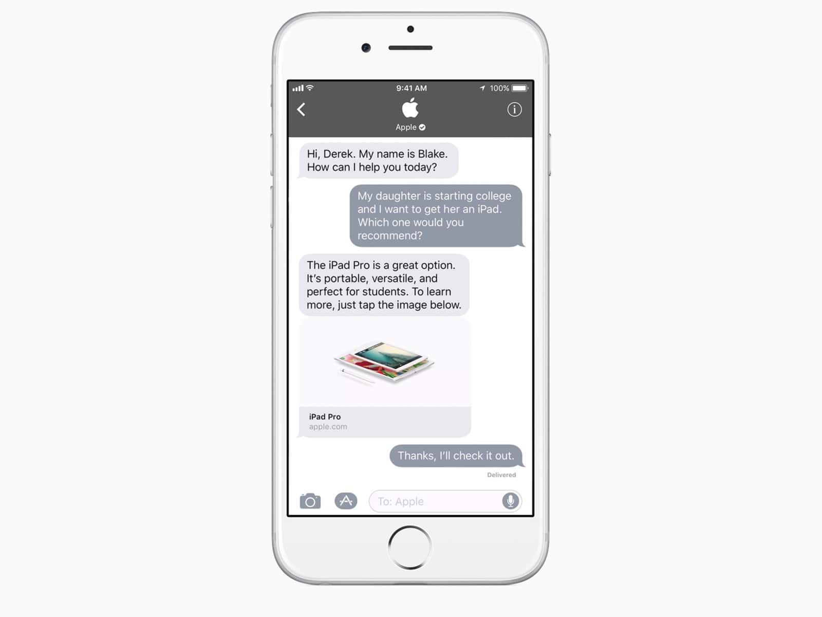 Screenshot of a customer interaction with Apple in iMessage as part of Apple Business Chat.