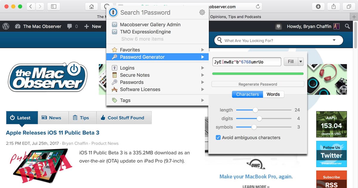 Generating a Password for a Site with 1Password
