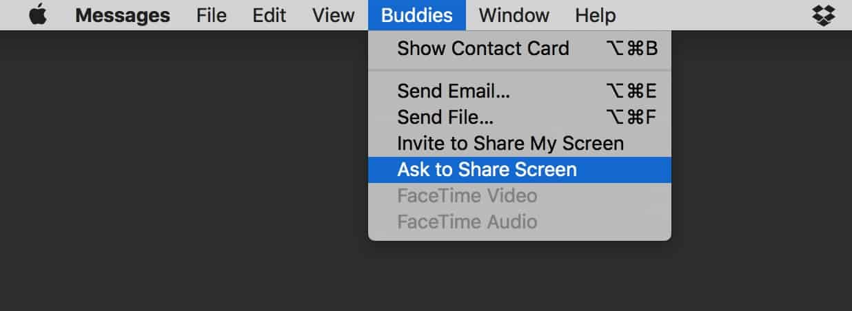 Messages Buddies menu Ask to Share Screen option