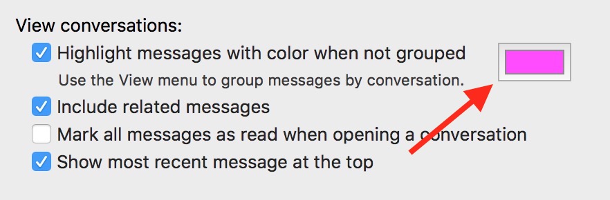 Use the Color Box in Mail's View conversations preference to change message thread highlight color