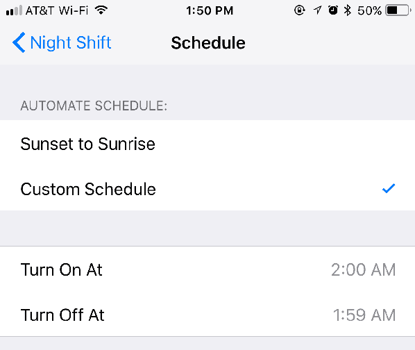 Night Shift mode custom schedule