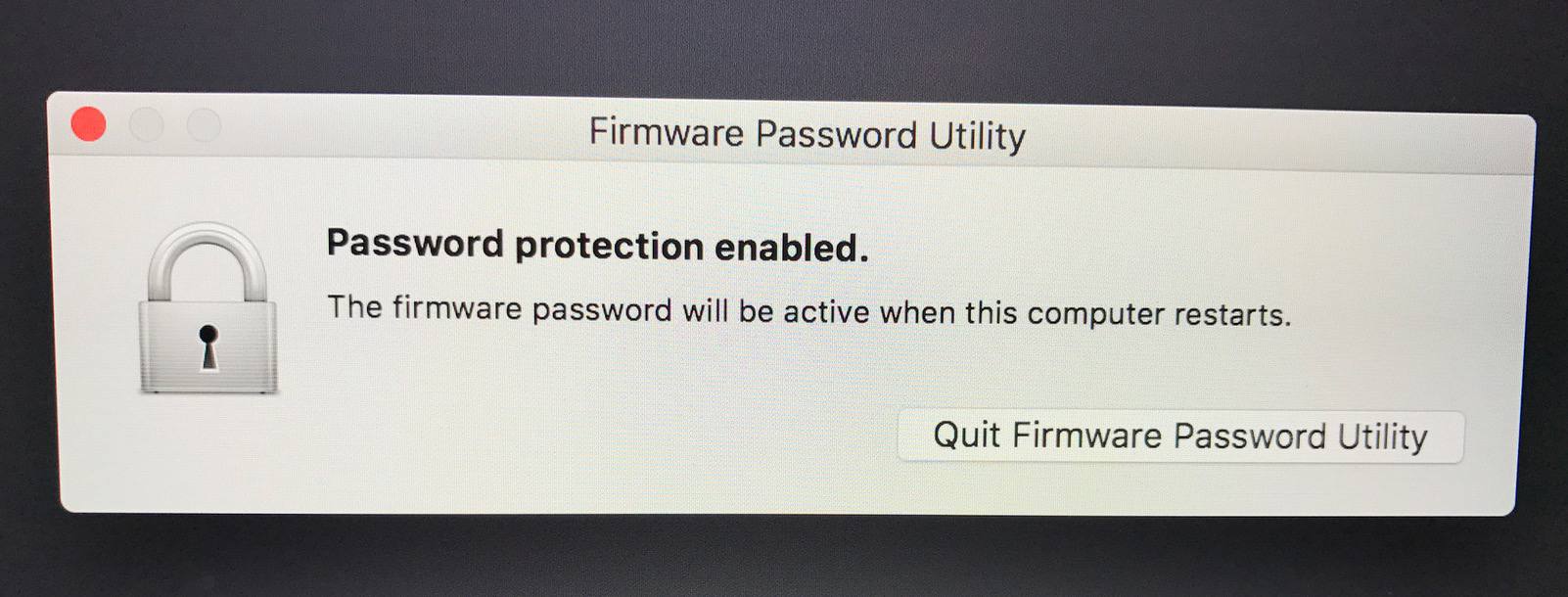 Firmware Password Utility shows password protection Enabled