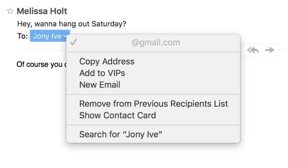 Clicking Arrow next to Mail message recipient to see what address is associated with their name