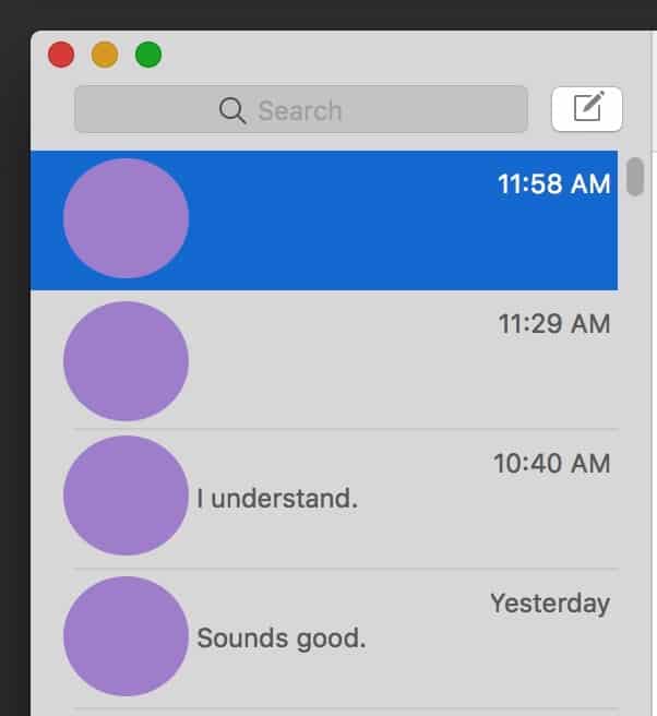 Messages Sidebar on the Mac showing conversations
