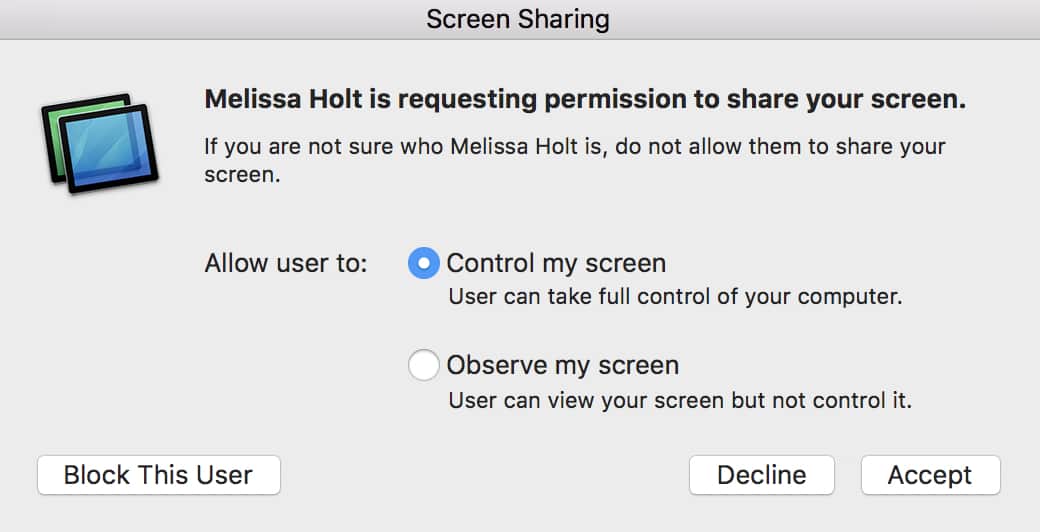 Messages Screen Sharing Ask Permission Prompt