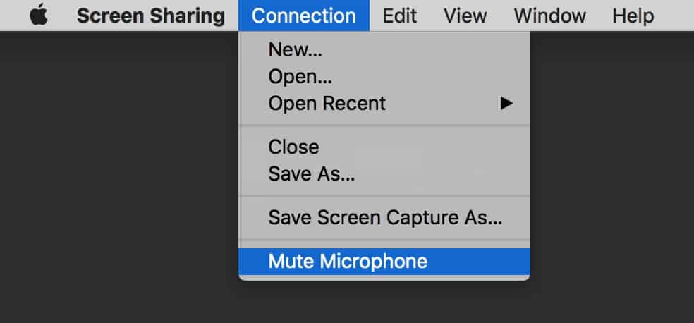 Messages Screen Sharing includes a Mute Microphone option in the Connection menu