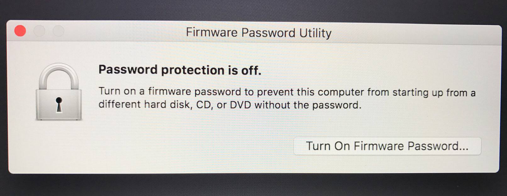 Turn On Firmware Password in the macOS Firmware Password Utility