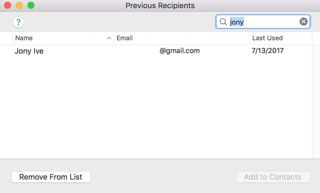 Use Previous Recipients to remove wrong email addresses from Mail