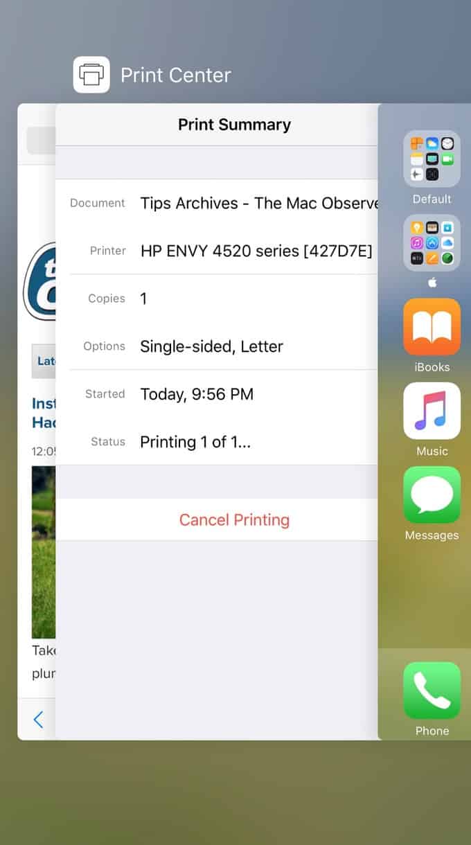 Double click the iPhone or iPad Home button to find Print Center after you start a print job