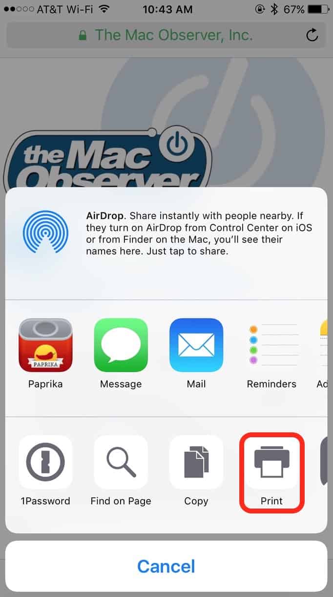 Tap the Print Icon in the iOS sharing pane to choose a printer