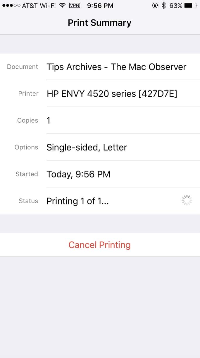 Opening Print Center in iOS shows the Print Summary where you can cancel the print job