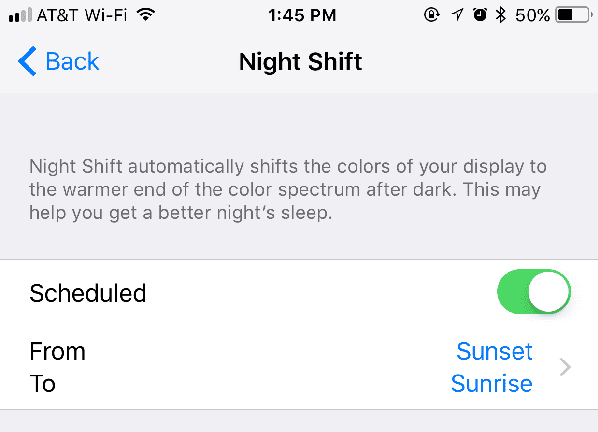 Night shift mode default schedule