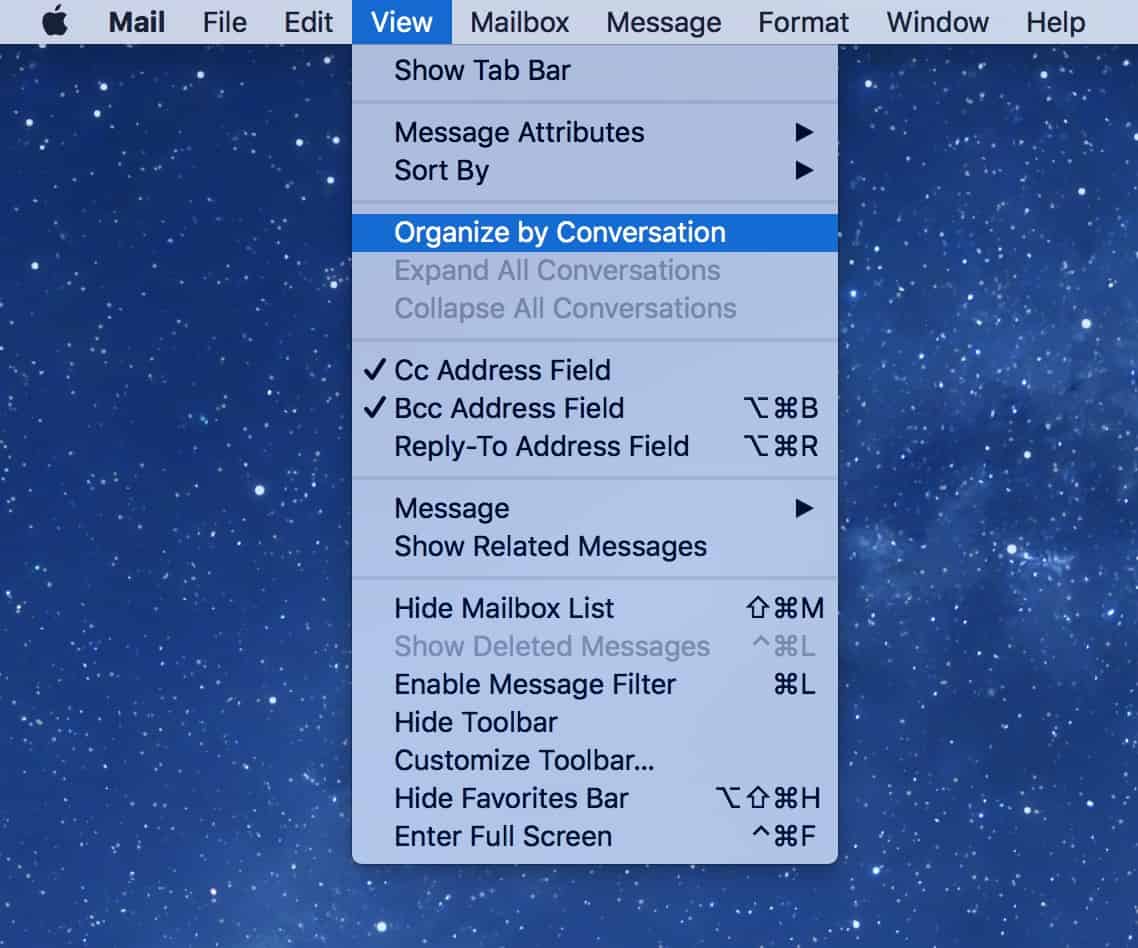 Use View > Organize by Conversation to enable or disable grouping message threads in Mail