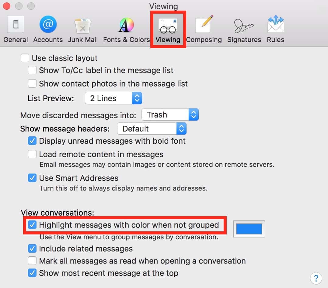 Use Mail's Viewing Tab in Preferences to disable highlighted message coloring