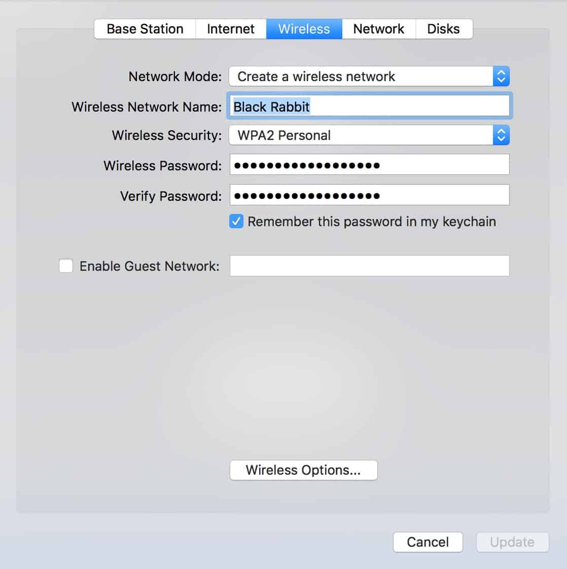 Use the Wireless tab in AirPort Utility to change your Basestation password