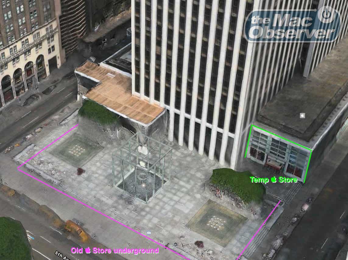 Apple Maps satellite view of Apple 5th Ave — annotated for context