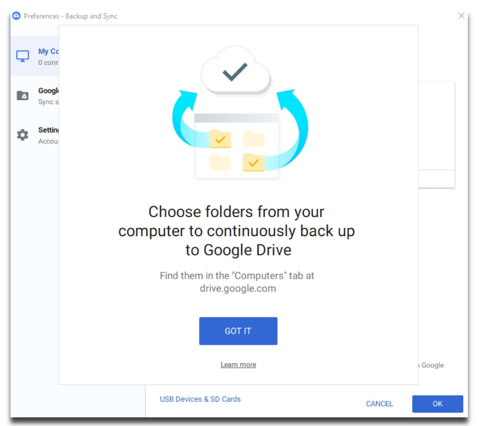 Image of new Google sync app to choose folders to back up. 