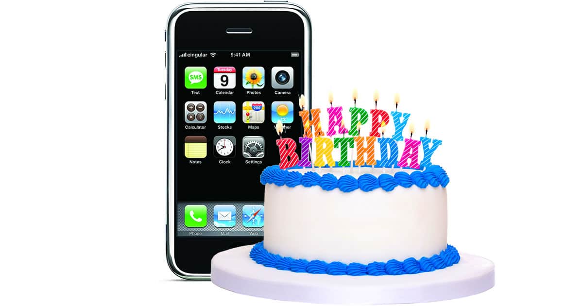 original iPhone and birthday cake for 10th anniversary