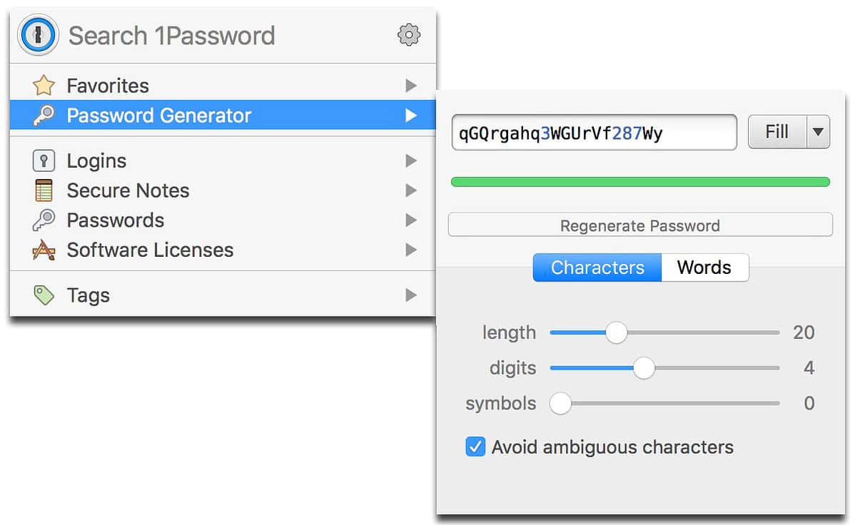 1Password generated password with 0 symbols