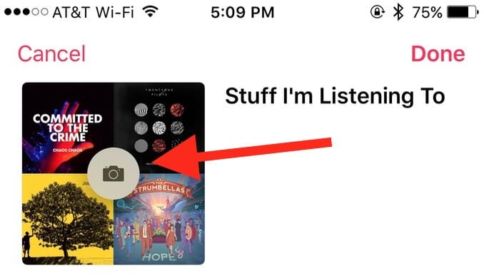 Tap the Camera Icon when editing a Playlists album art to change the image