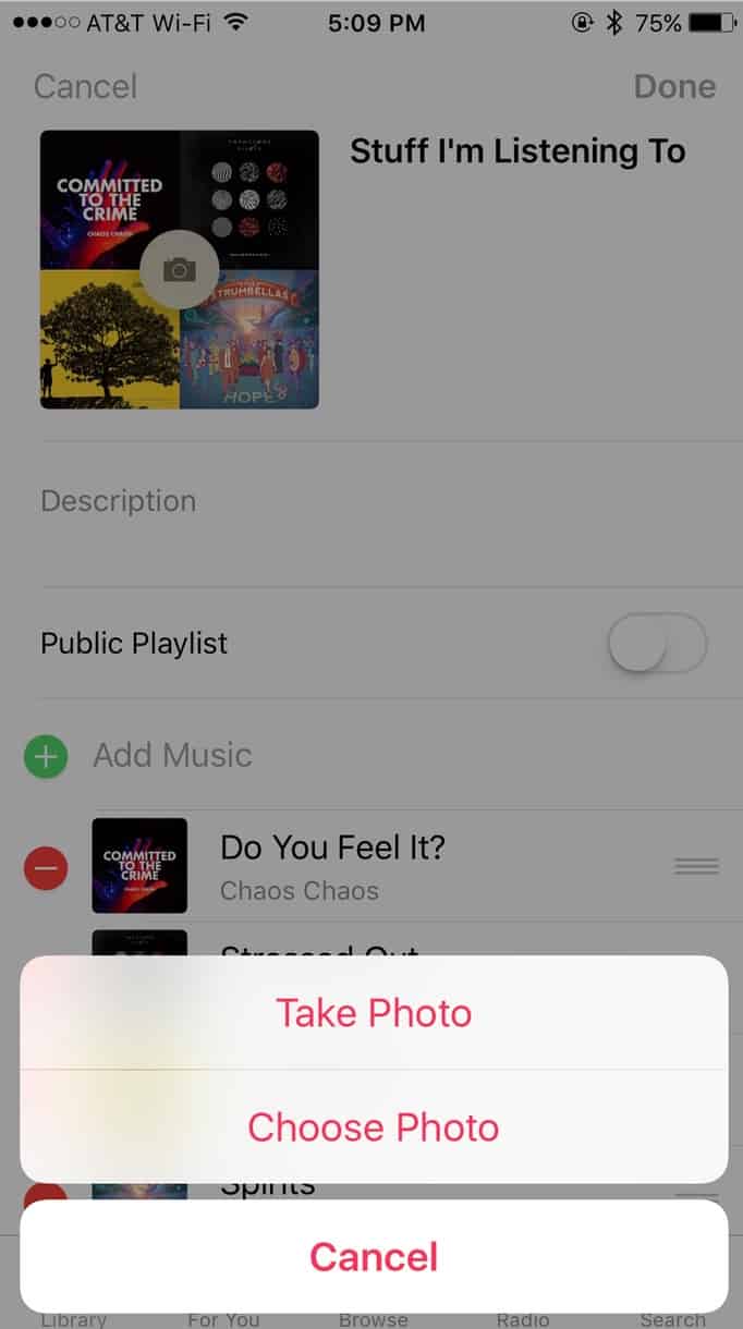 You can take or choose a photo to replace the Playlist album art in the Music app