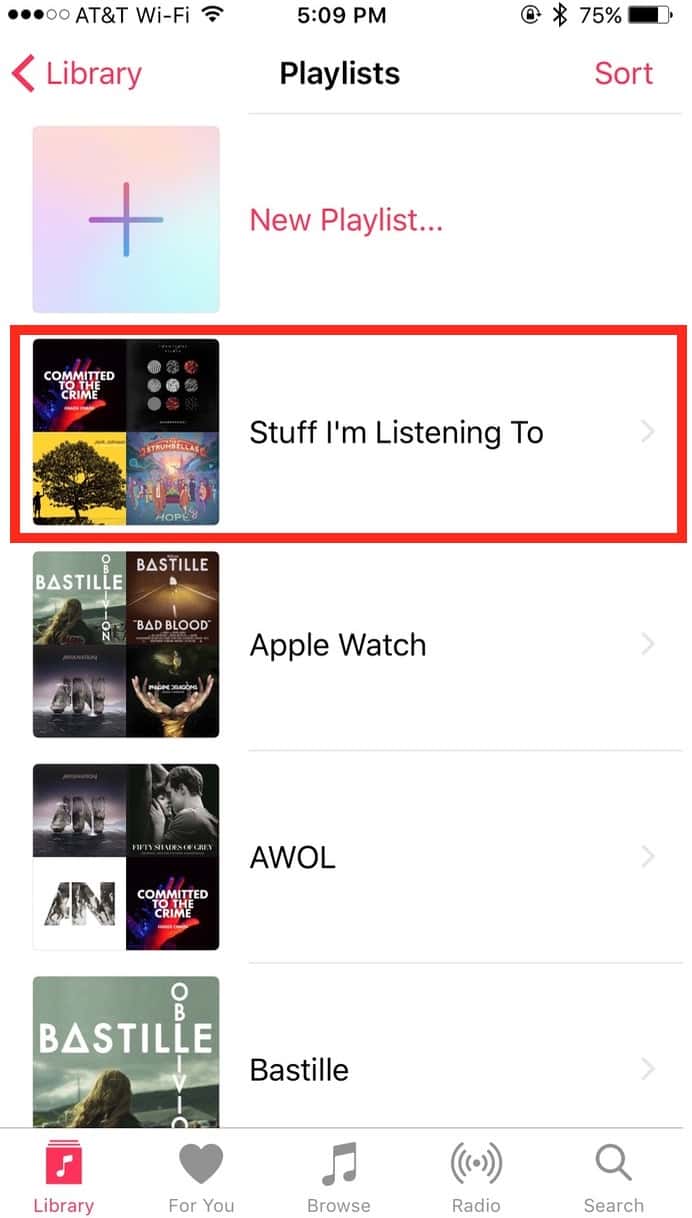 Playlists Screen on the iPhone in Music showing album covers