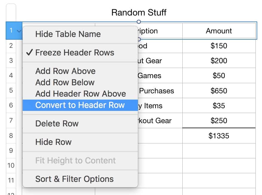 Use the Convert to Header Row in Numbers to create a header