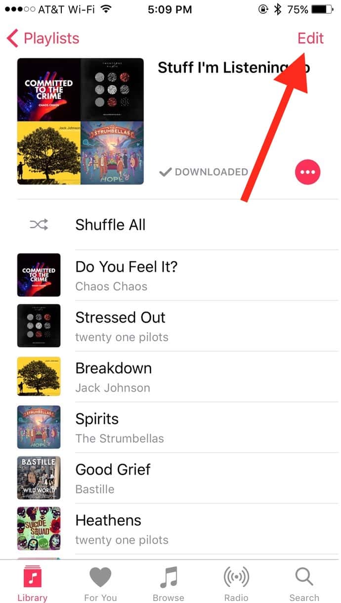Edit Button in a Music Playlist on iPhone lets you choose photos for custom thumbnail art