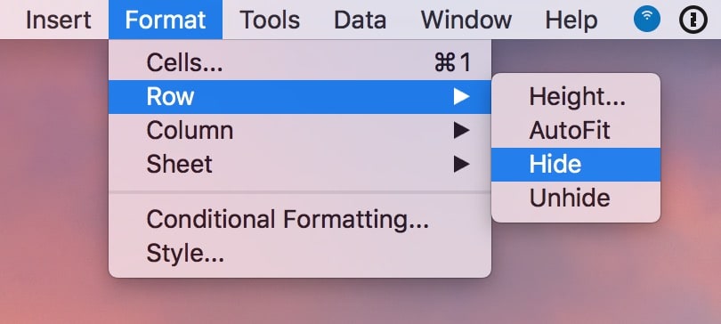 Use the Format Menu in Microsoft Excel to hide rows and columns