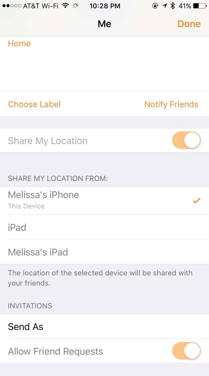 Me Settings on Find My Friends