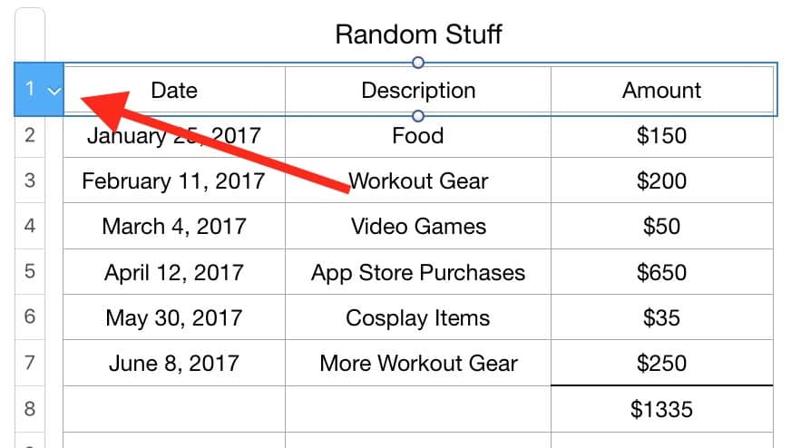 Making a Header Row in a Numbers spreadsheet